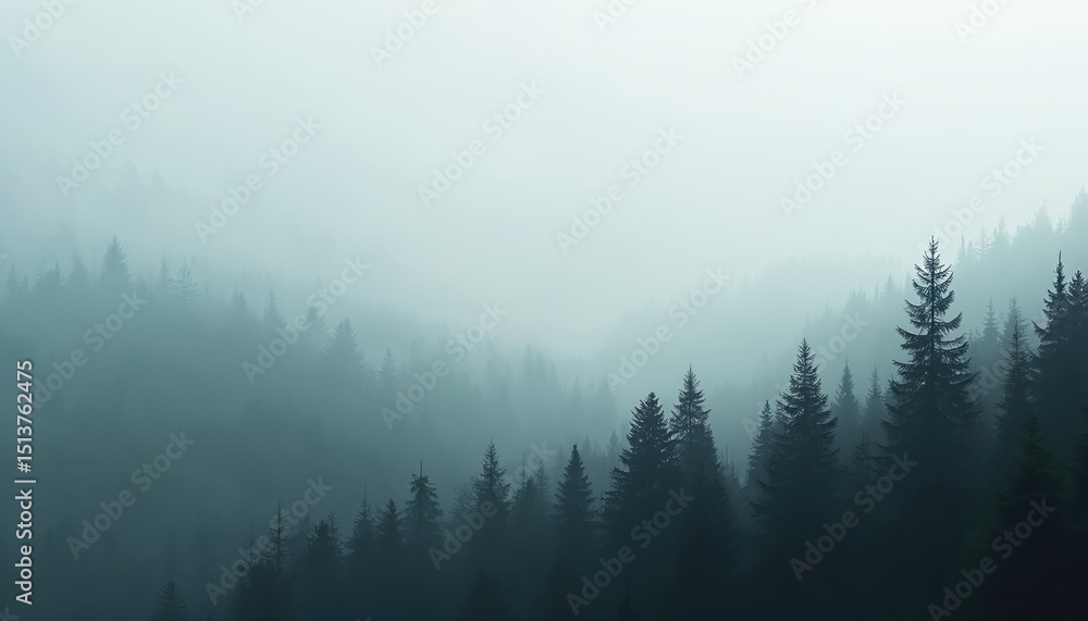 Naklejka premium Misty dark forest silhouette against foggy white sky. Atmospheric landscape with trees in wood. Nature environment, moody aethereal, mysterious illustration, calm scene.
