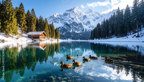 Mountain Lake Reflection Scene With Ducks Swimming and Snow Capped Peaks