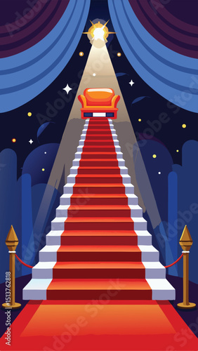 Ascending red carpet staircase leads to an orange couch under a spotlight of starlight