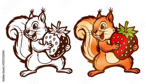 cheerful squirrel holding a strawberry, funny rodent cartoon mascot illustration, colored and line art set