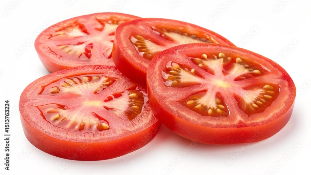 Fresh red tomato juicy slices isolated on a white background, perfect for a healthy vegetarian diet Fresh red tomato juicy slices isolated on a white background, perfect for a healthy vegetarian diet