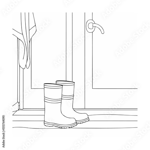 Black and white illustration of rubber boots near a doorway in a home interior scene