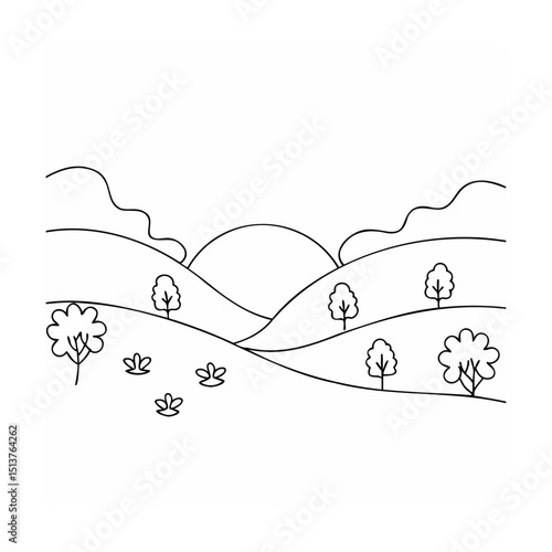 Minimalist black and white landscape illustration featuring rolling hills trees and a simple design