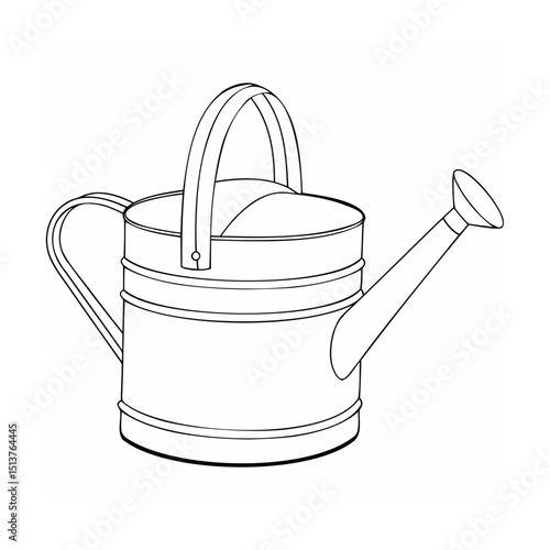 Detailed black and white line art illustration of a classic gardening watering can