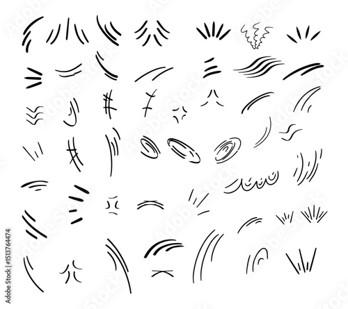 line movement element vector set, comic speed lines, motion lines, dynamic effect, manga action elements, swoosh, burst, swirl, impact stroke, motion streaks, anime style, expressive sketch curve ink