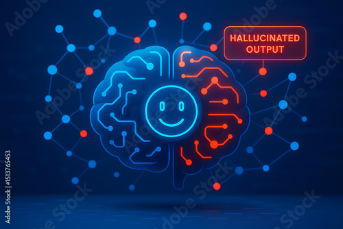 Blue brain with red hallucinated output alert and smiling icon indicating incorrect AI response
