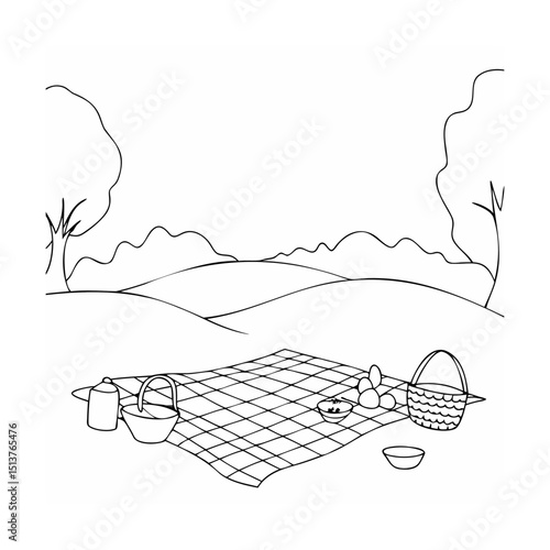Simple black and white picnic scene with basket blanket eggs and nature elements