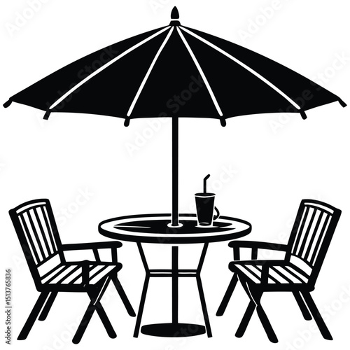 Outdoor cafe scene a graphic with an umbrella, table, and chairs, perfect for serene relaxation.