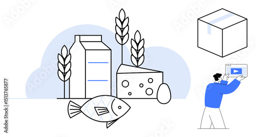 Fish, milk carton, cheese, egg, wheat plants, person interacting with tablet, and box. Ideal for sustainability, agriculture fisheries packaging technology logistics e-commerce simple landing