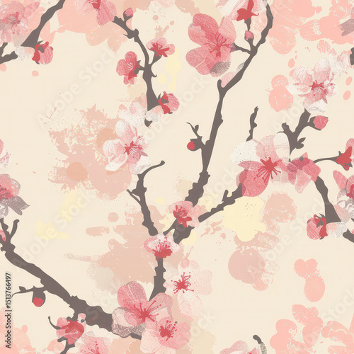 Sakura Blossoms Art: Delicately painted sakura blossoms cascade across the frame, their soft petals and branches intertwining in a beautiful display of nature's transient beauty., seamless