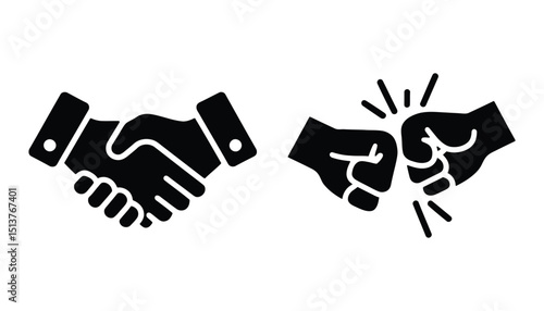 Handshake and Fist Bump Vector Icon. Business Agreement and Teamwork Gesture Silhouettes.