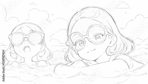 Line art of two girls swimming in water, perfect for coloring book illustration