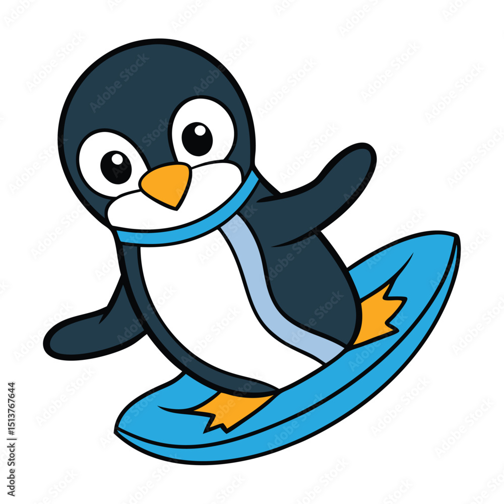 Obraz premium Dynamic cartoon penguin character joyfully surfing on a sleek blue surfboard, embodying summer fun and playful aquatic adventures.