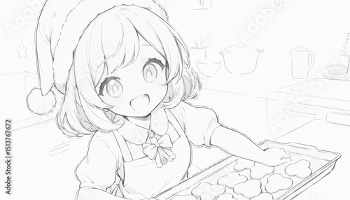Joyful coloring page featuring a girl in a Santa hat baking cookies in the kitchen
