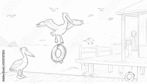 Playful coloring page featuring a pelican balancing on a lifebuoy with another pelican on the dock
