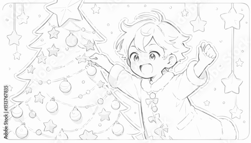 Joyful coloring page featuring a child decorating a Christmas tree surrounded by stars and ornaments
