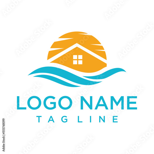 Creative logo of a seaside house with a rising sun and flowing ocean waves. Great for vacation, rental, or beach property.