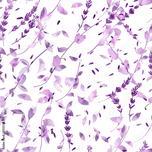 Lavender Watercolor Pattern: Delicate watercolor lavender flowers and leaves in shades of purple create a charming and elegant seamless pattern, perfect for various design projects., seamless