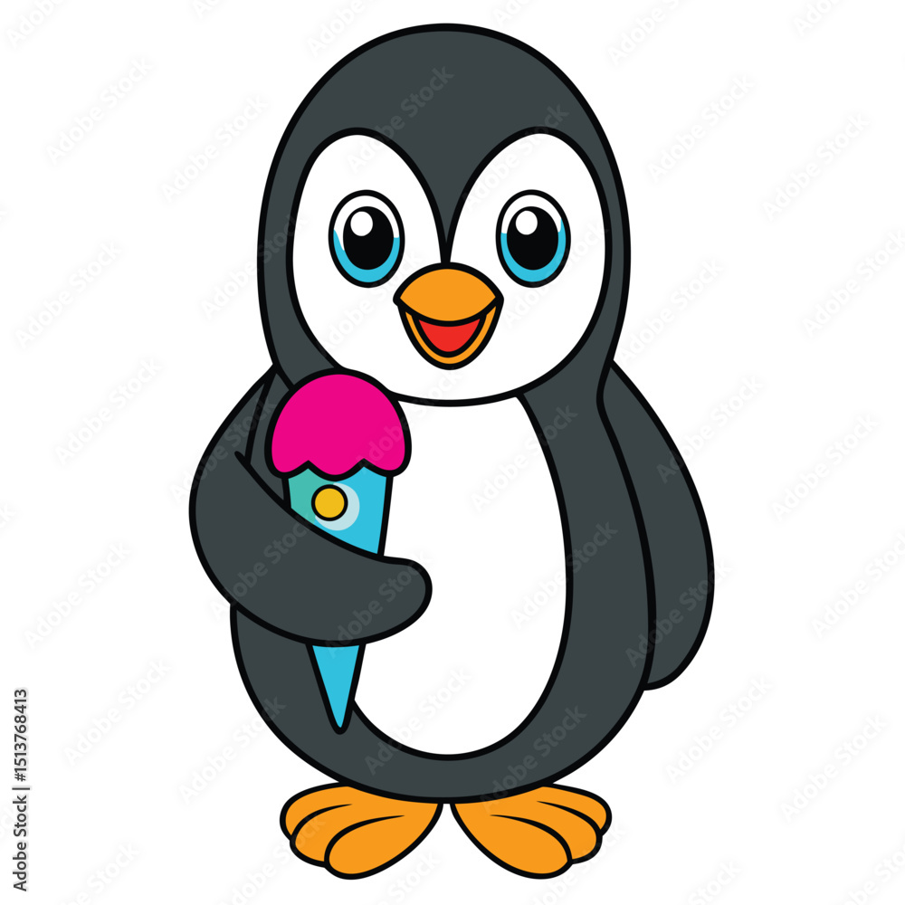 Fototapeta premium Cute Penguin Enjoying Ice Cream Cone A Sweet Treat Illustration