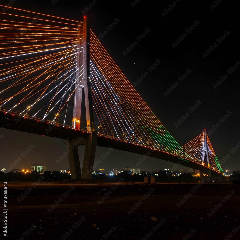 Obraz premium Illuminated Cable-Stayed Bridge at Night: A Stunning Architectural Marvel