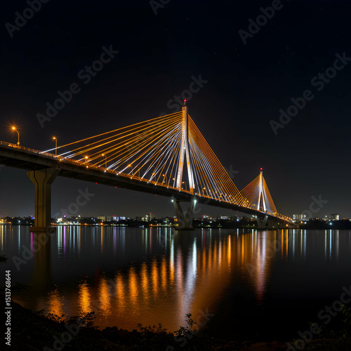 Nighttime Majesty: Illuminated Cable-Stayed Bridge