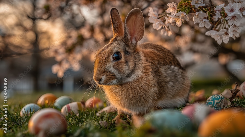Fototapeta premium Cute Bunny Rabbit Among Colorful Easter Eggs Under Cherry Blossom Trees