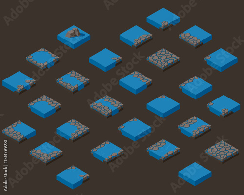 Set of isometric landscape design compositions for city constructor or other game type. Isolated vector illustration. Land and small islands. Make your own ocean. construction kit