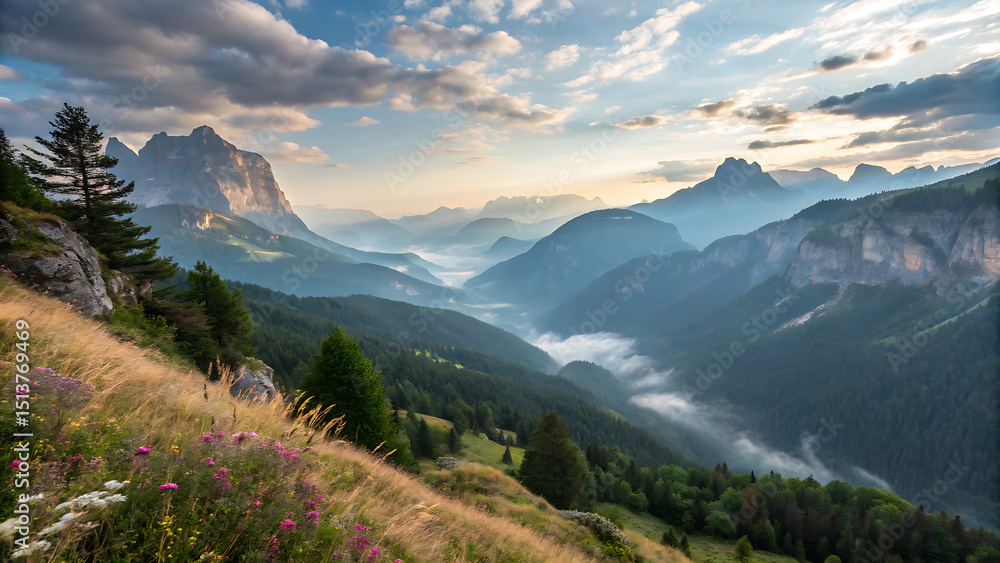 Obraz premium Seceda mountain at beautiful sunset in summer in Dolomites, Italy. Colorful landscape with mountain peaks, rocks, alpine meadows, trail, green grass, purple sky with clouds. Hiking in Alps. Nature