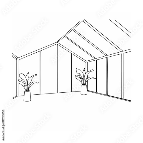 Modern minimalist sunroom interior design illustration with potted plants and glass walls