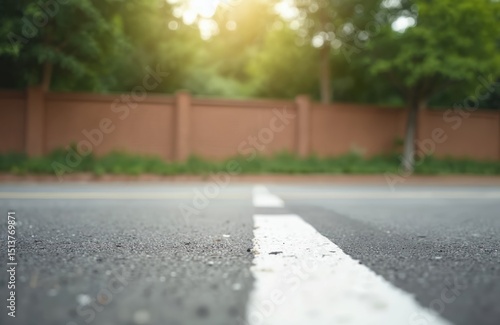 Wallpaper Mural Road surface with white line. Asphalt highway road marking for transport, car traffic. Urban summer scene with green trees, brown wall background, sky. Road safety concept. Torontodigital.ca