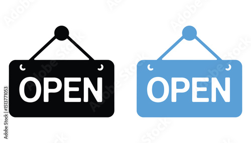 Open Sign Vector. Storefront Hanging Signboard, Business Open Icon for Shops and Retail Use.