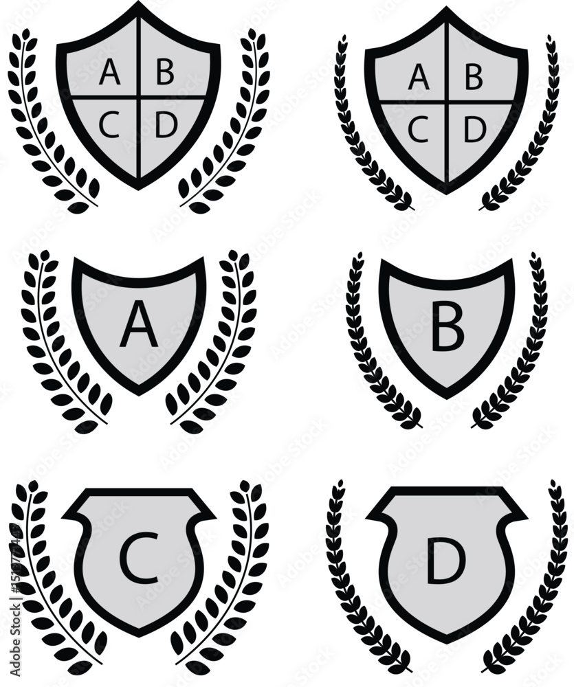 Obraz premium Shields with Letters and Laurel Wreaths for Logo or Insignia Design Elements in Black and White
