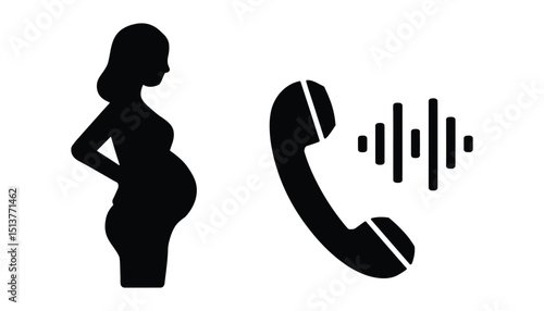 Pregnant Woman Silhouette and Phone Call Icon. Maternity Helpline Vector for Healthcare, Support, Motherhood Design.