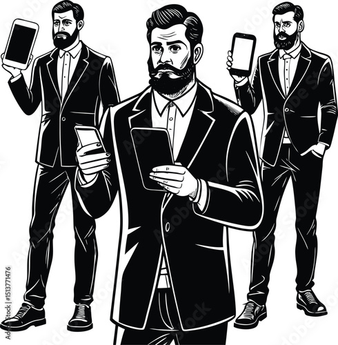 Stylish bearded men in suits using smartphones and tablets