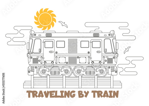 Traveling by train. Lettering. Silhouette. Isolated on white background. Side view. Vector illustration.