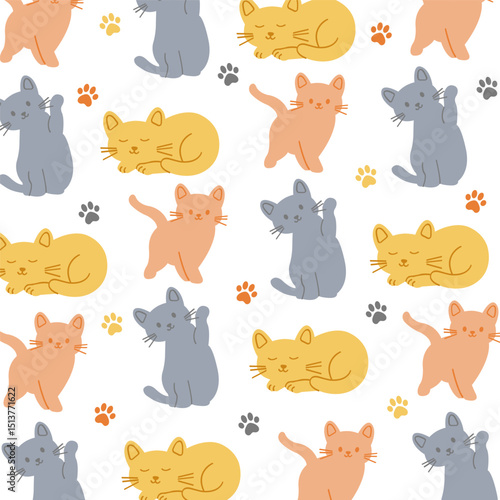 Seamless pattern of cute hand drawn cartoon cats. Paw prints and colorful feline doodles. Adorable animal background for kids, pet lovers, nursery wallpaper, fabric, and digital design. 