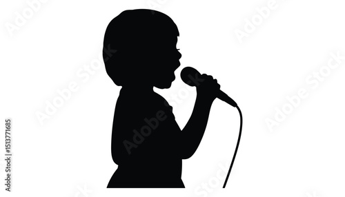 Singing Child Silhouette Vector. Kid with Microphone Performing, Music Talent and Stage Illustration.