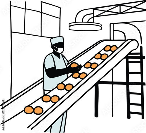 Factory worker inspecting oranges on conveyor belt food processing industry