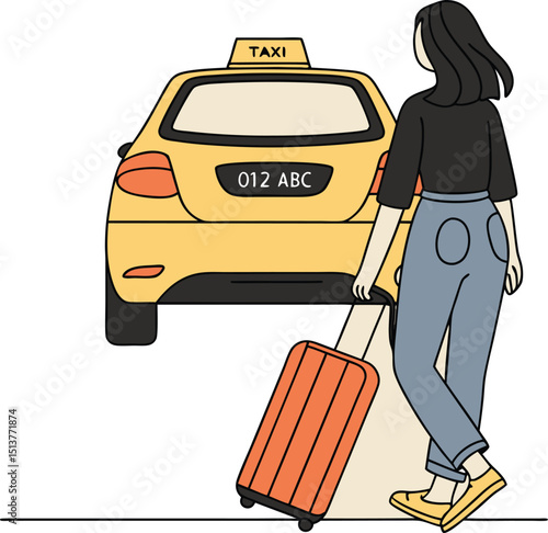 Woman with luggage boarding a yellow taxi cab