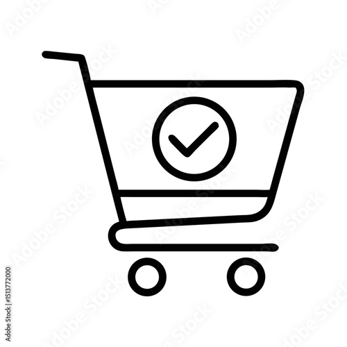 Confirmed shopping cart icon with check mark for successful transactions in e-commerce, copy space