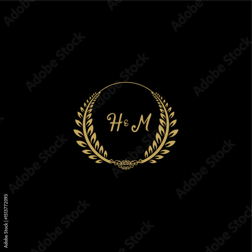 HM beautiful, feminine and elegant wedding monogram initial logo with circle floral gold