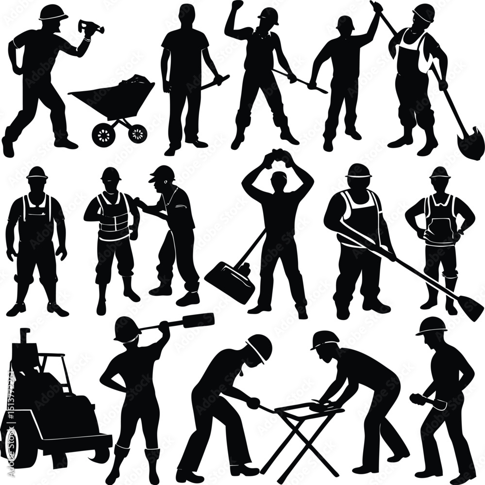 Obraz premium Construction workers silhouettes diverse tools hard hats teamwork