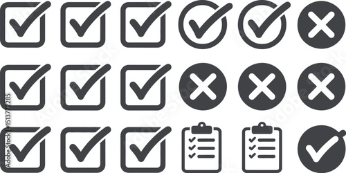 A collection of check marks in squares and circles along with x marks and clipboards in dark gray