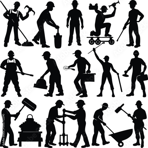 Construction workers silhouettes diverse tools hard hats