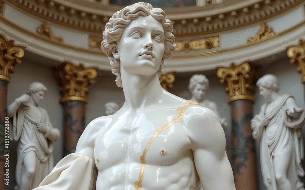 Fototapeta premium White Marble Statue with Gold Accents and Cracks in Classical Setting. High quality