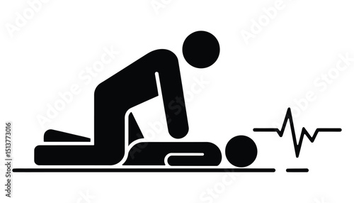 CPR Resuscitation Silhouette. First Aid Emergency Help Vector with Heartbeat Line Icon.