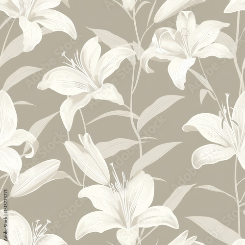 Elegant White Lilies on Taupe: A sophisticated seamless pattern featuring elegant white lilies on a taupe background. The design is perfect for various applications., seamless