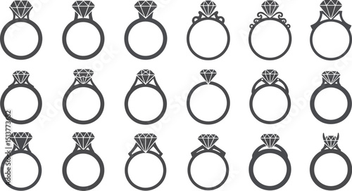 Fifteen diamond engagement rings with different designs arranged in a grid on a white background