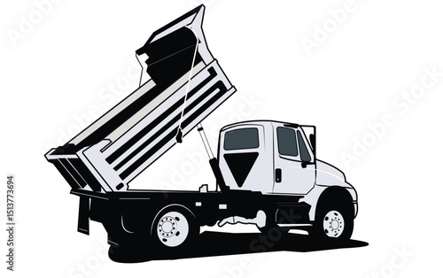 Dump truck with raised bed unloading materials at a work site, designed for heavy transport and construction use.