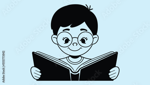 Cute Kid Reading Book Vector. Smiling Child with Glasses, Education and Learning Illustration for School or Library.
